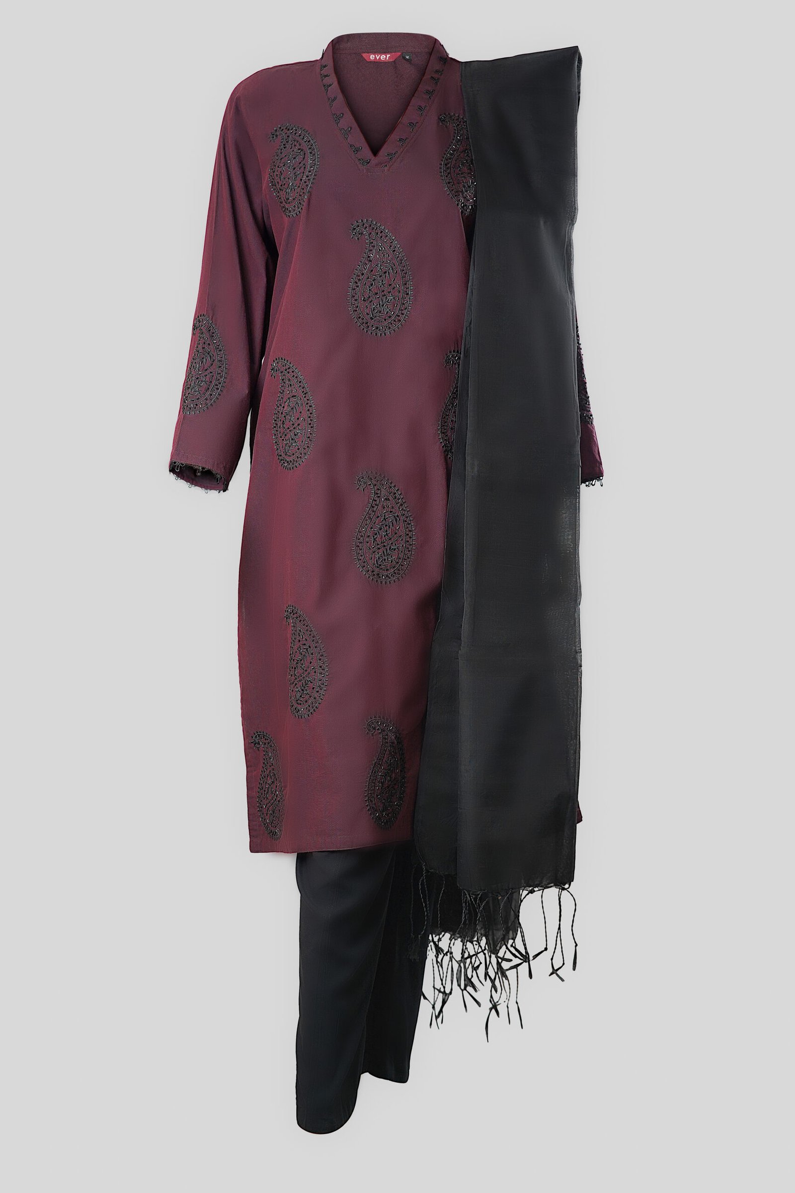 Maroon Charm Embroidered Three-Piece Set