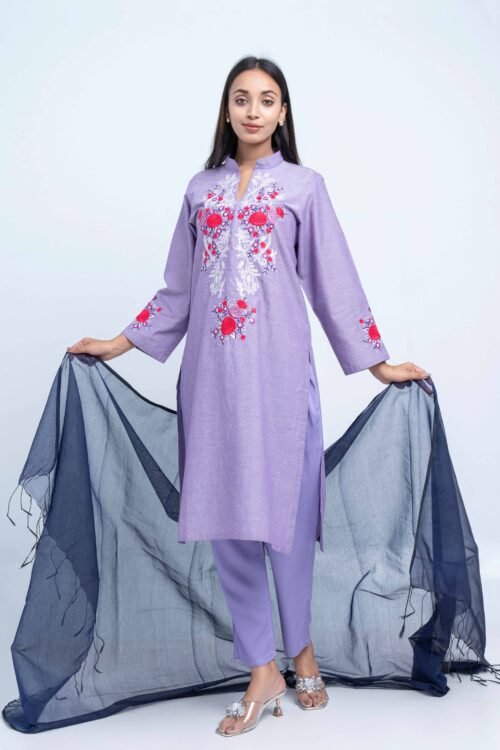 Lavender Bloom Embroidered Three-Piece Set