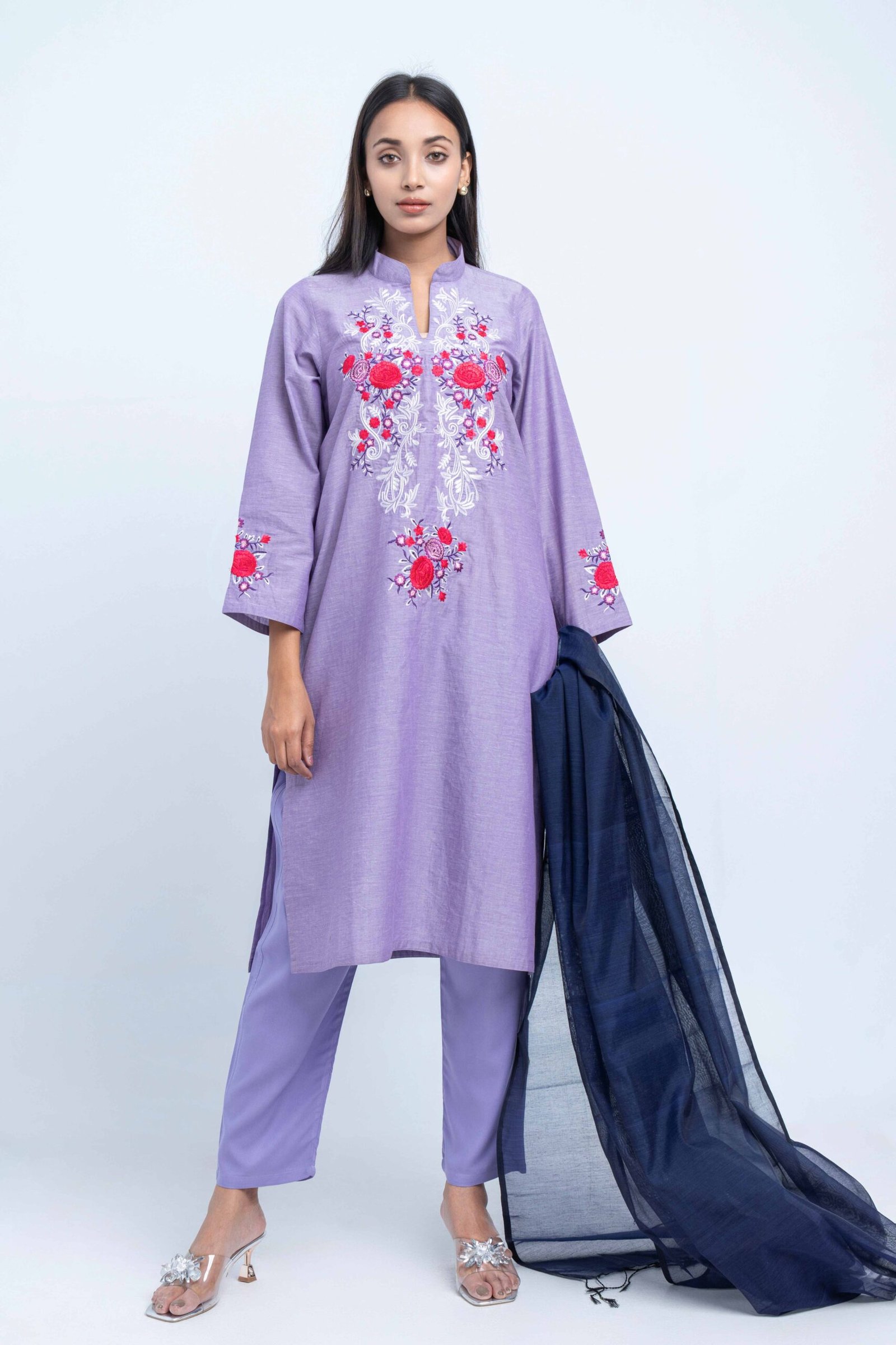 Lavender Bloom Embroidered Three-Piece Set