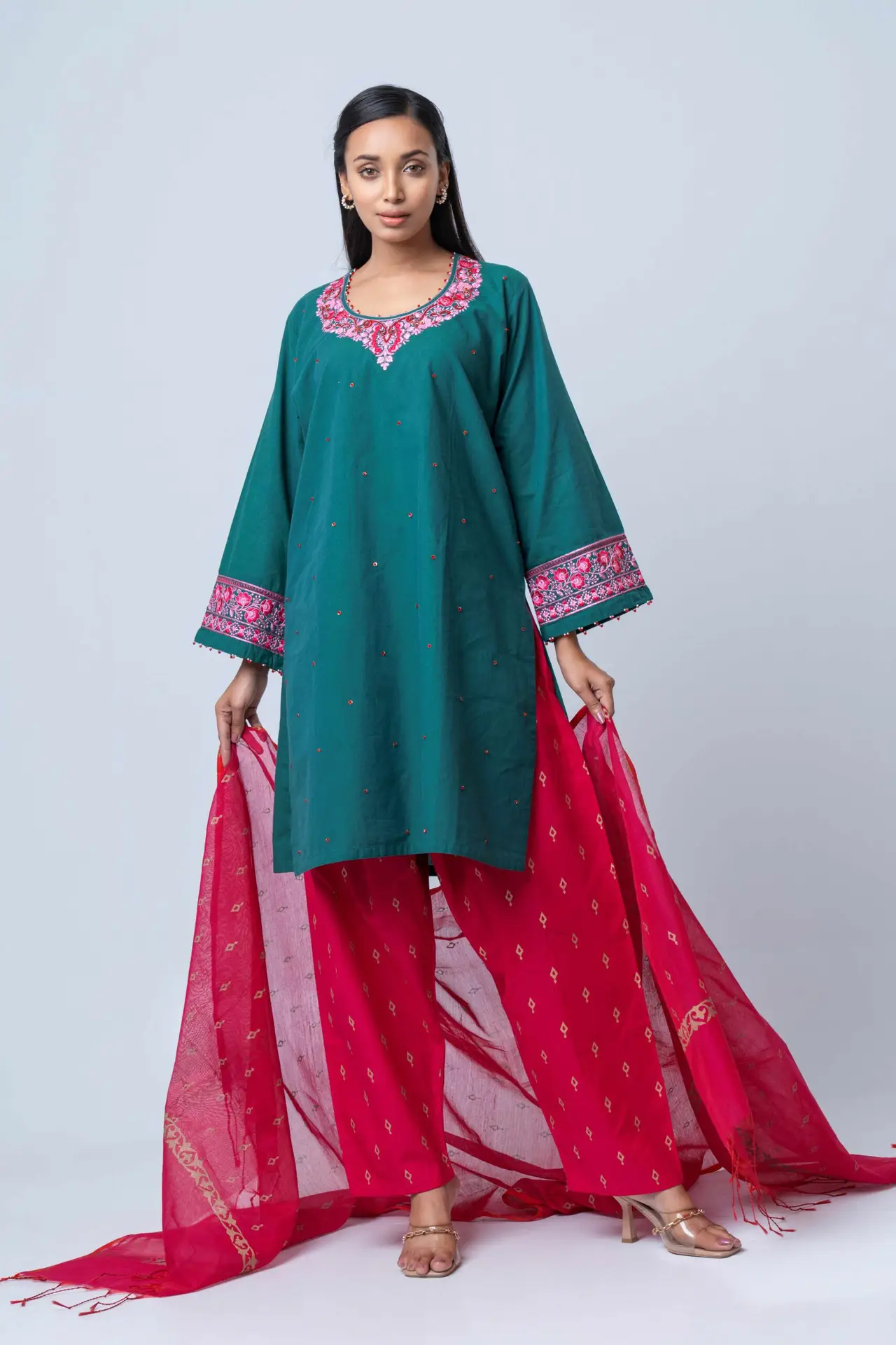 Emerald Bloom Embroidered Three-Piece Set