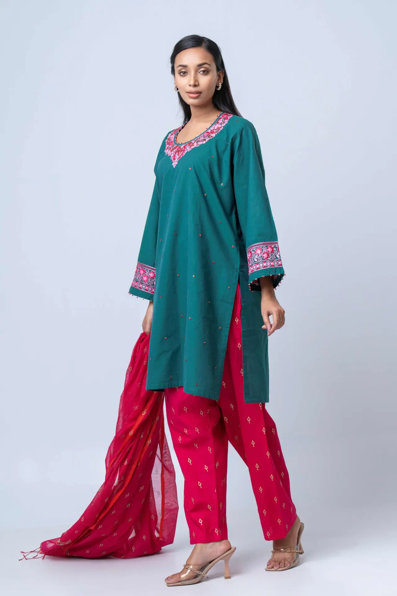 Emerald Bloom Embroidered Three-Piece Set