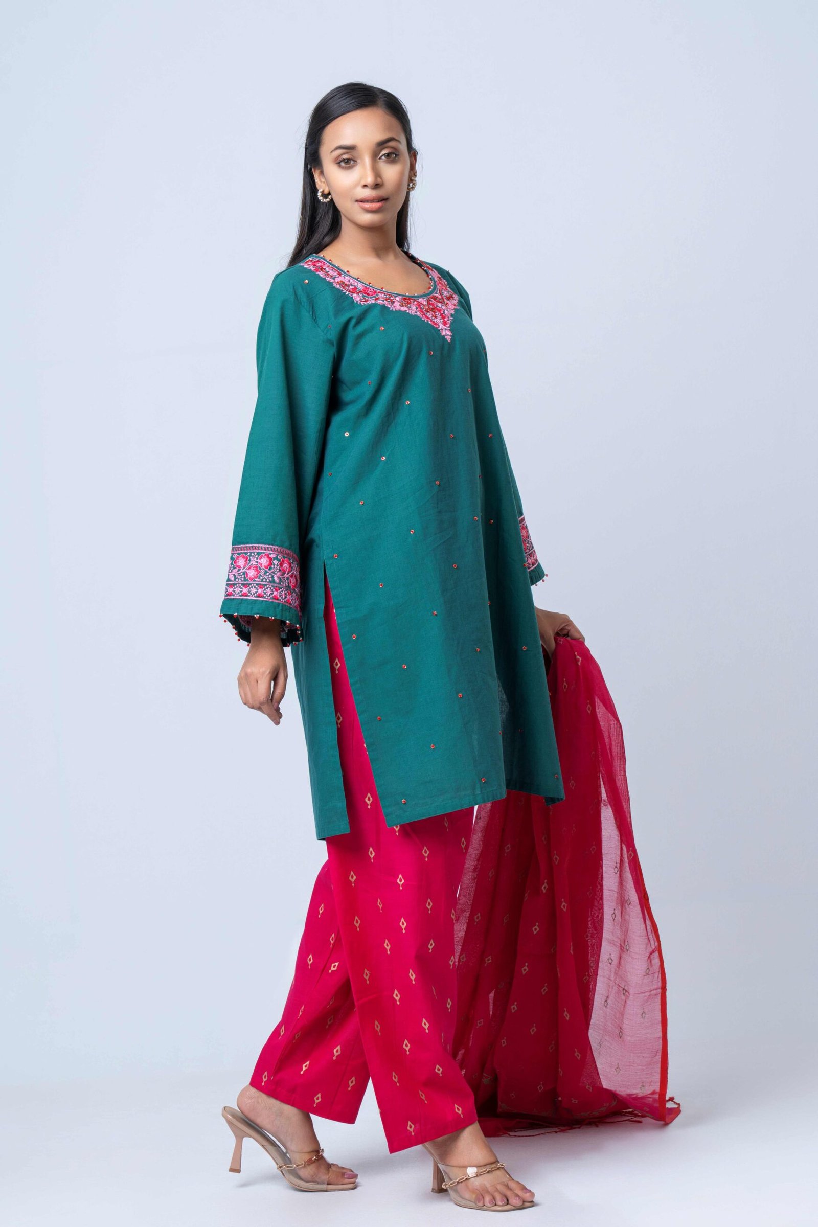 Emerald Bloom Embroidered Three-Piece Set