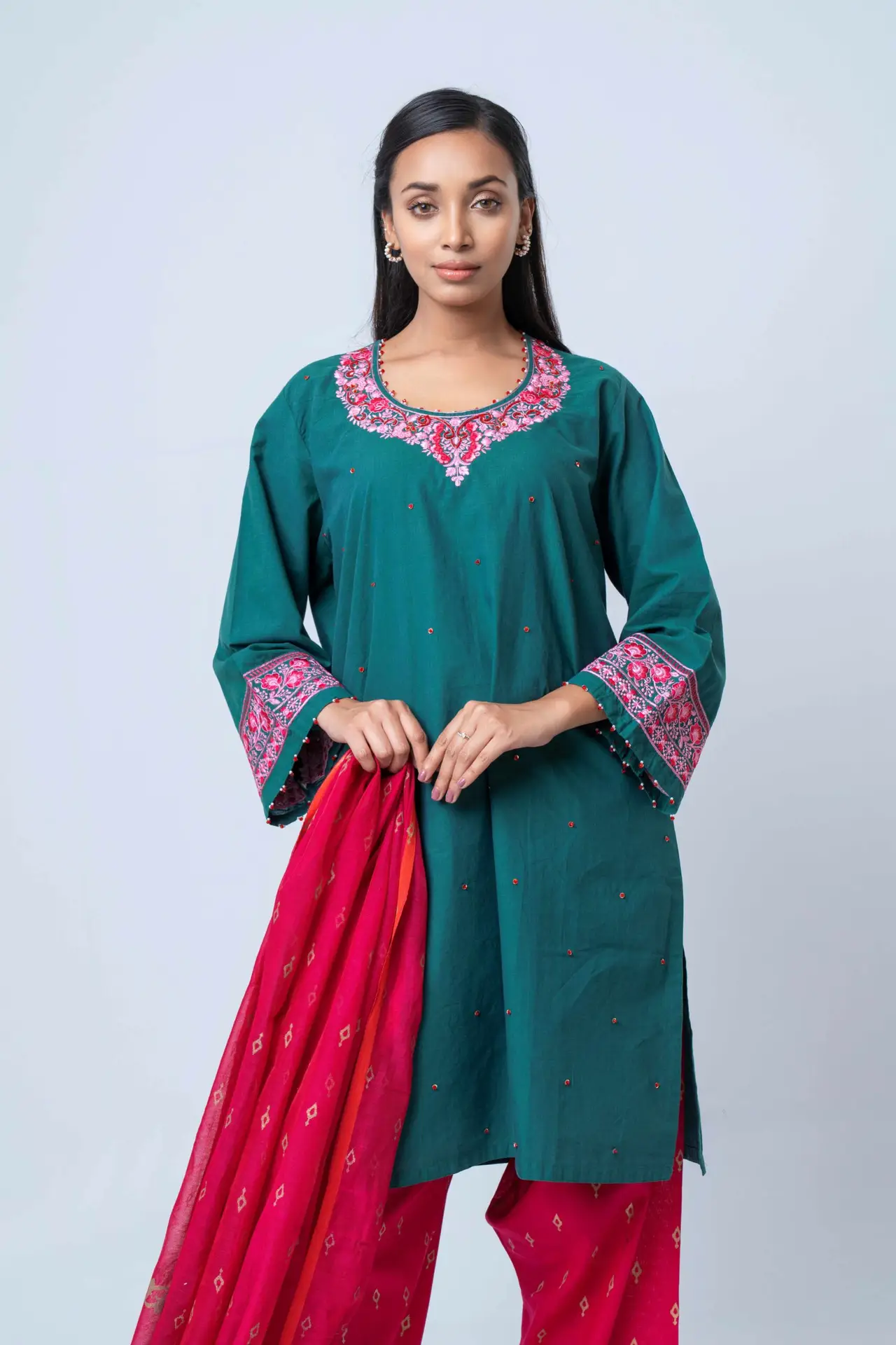 Emerald Bloom Embroidered Three-Piece Set