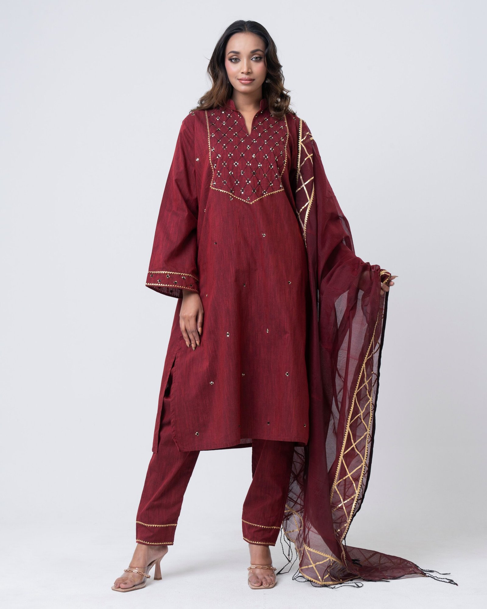 Luxury Maroon Hand Embroidered 3 Pcs Set