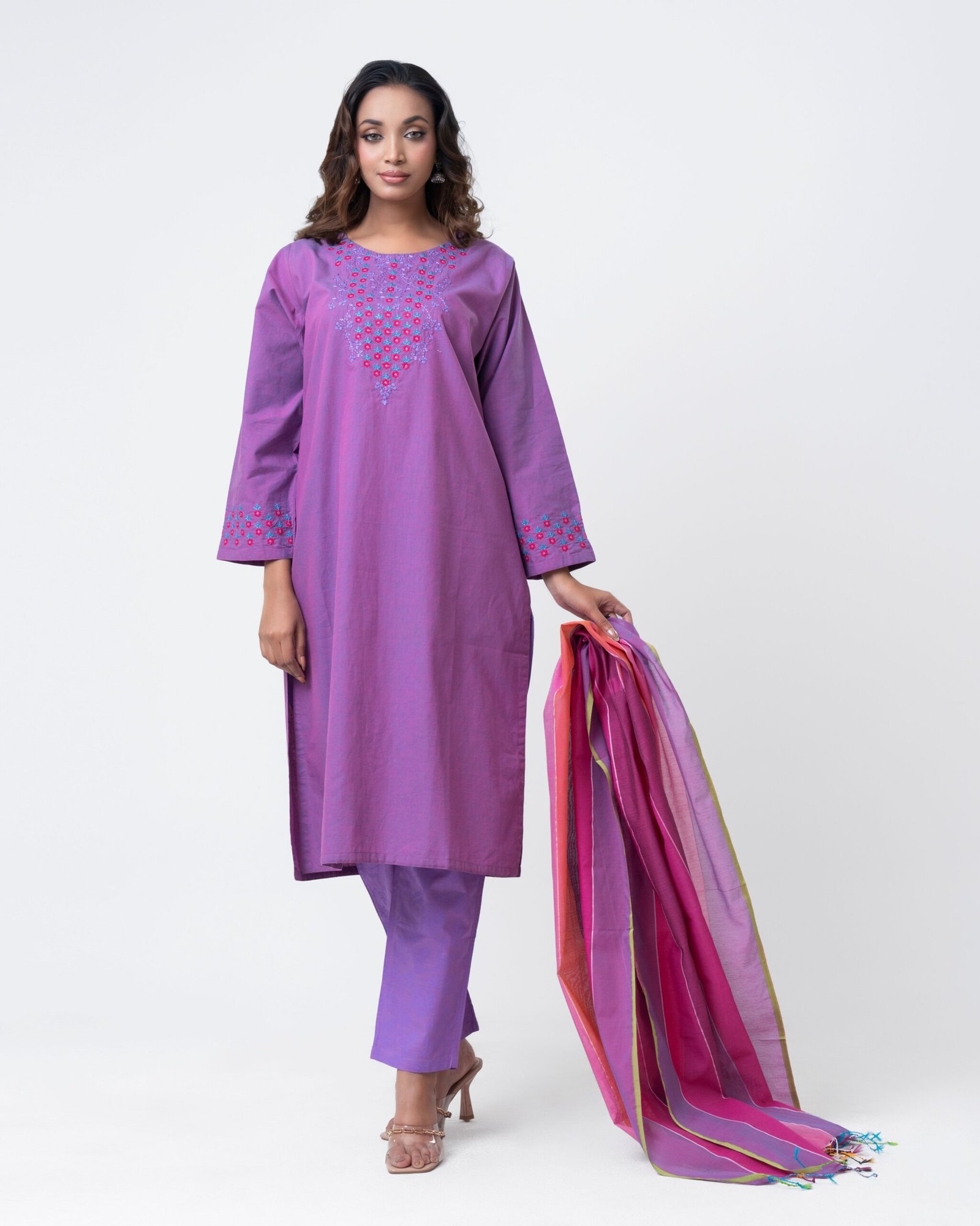 Purple Floral Embroidered 3 Pcs Set