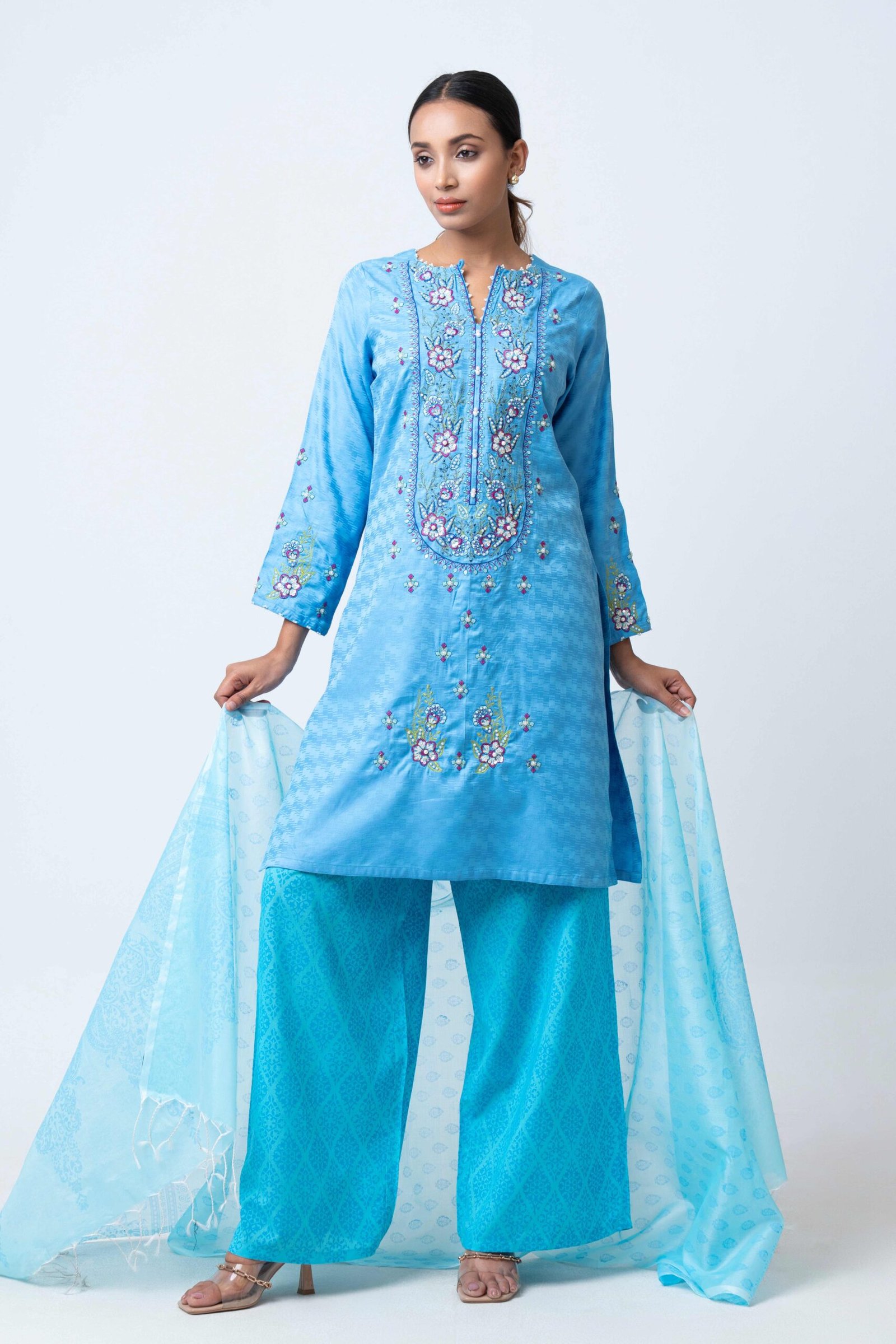 Sky Blossom Embroidered Three-Piece Set