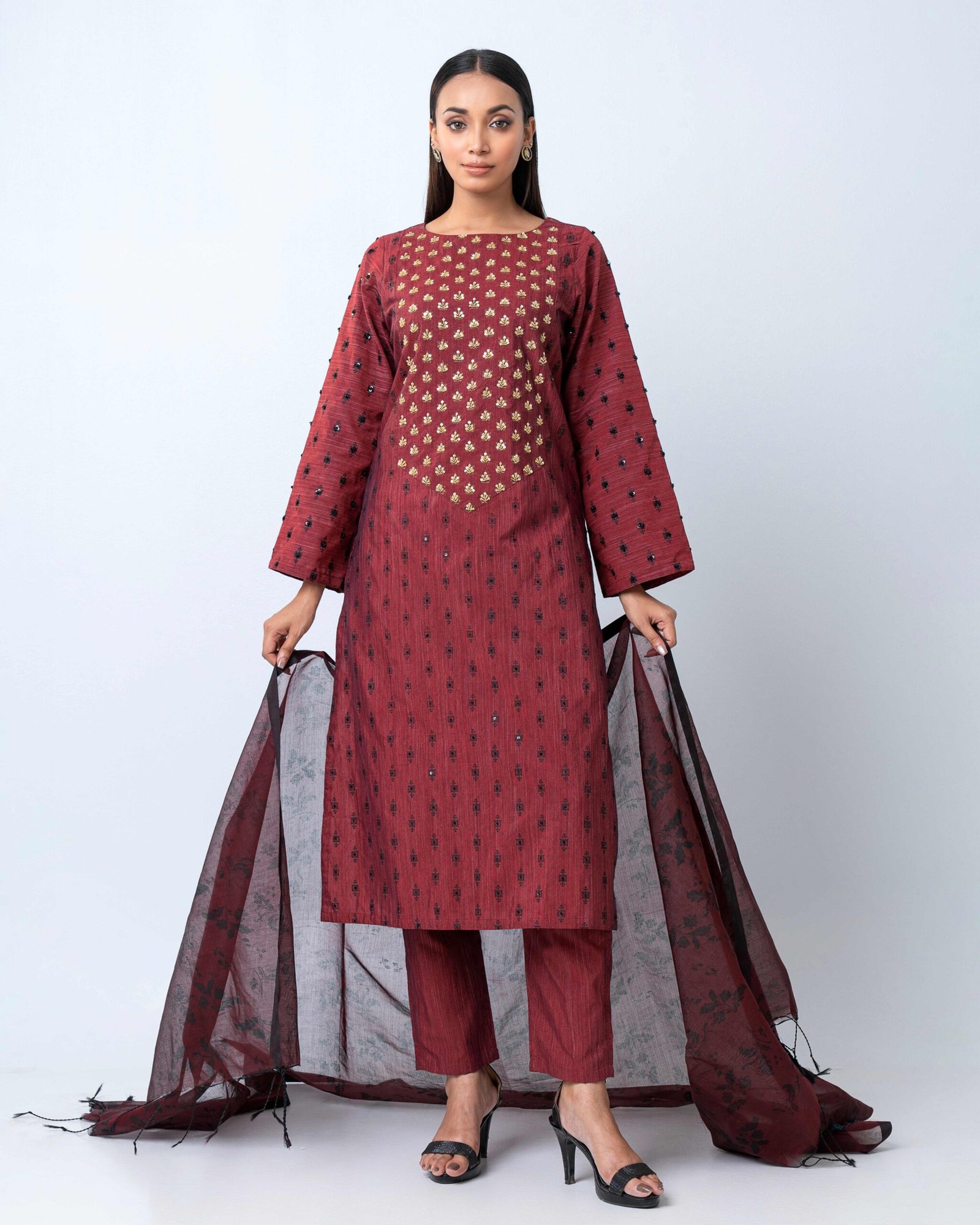 Maroon Handcrafted Half Silk Elegance Shalwar Kameez