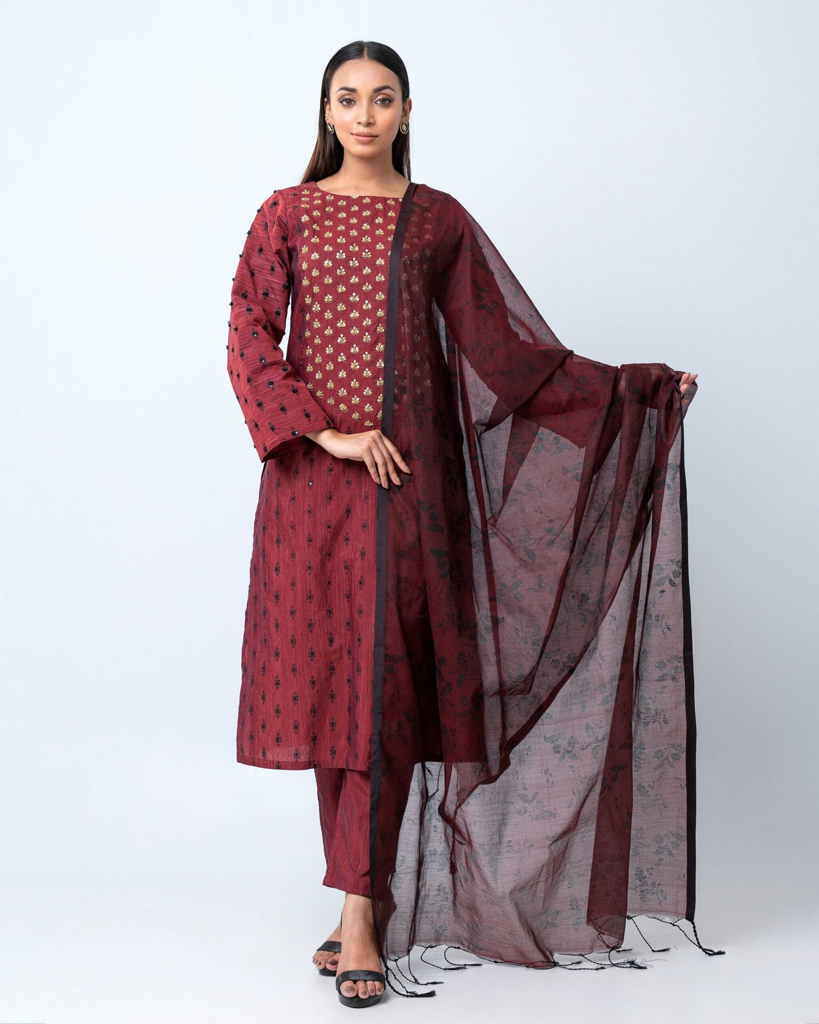 Maroon Handcrafted Half Silk Elegance Shalwar Kameez