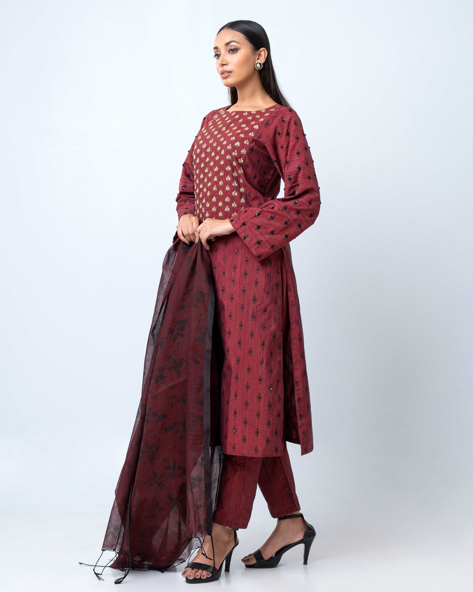 Maroon Handcrafted Half Silk Elegance Shalwar Kameez