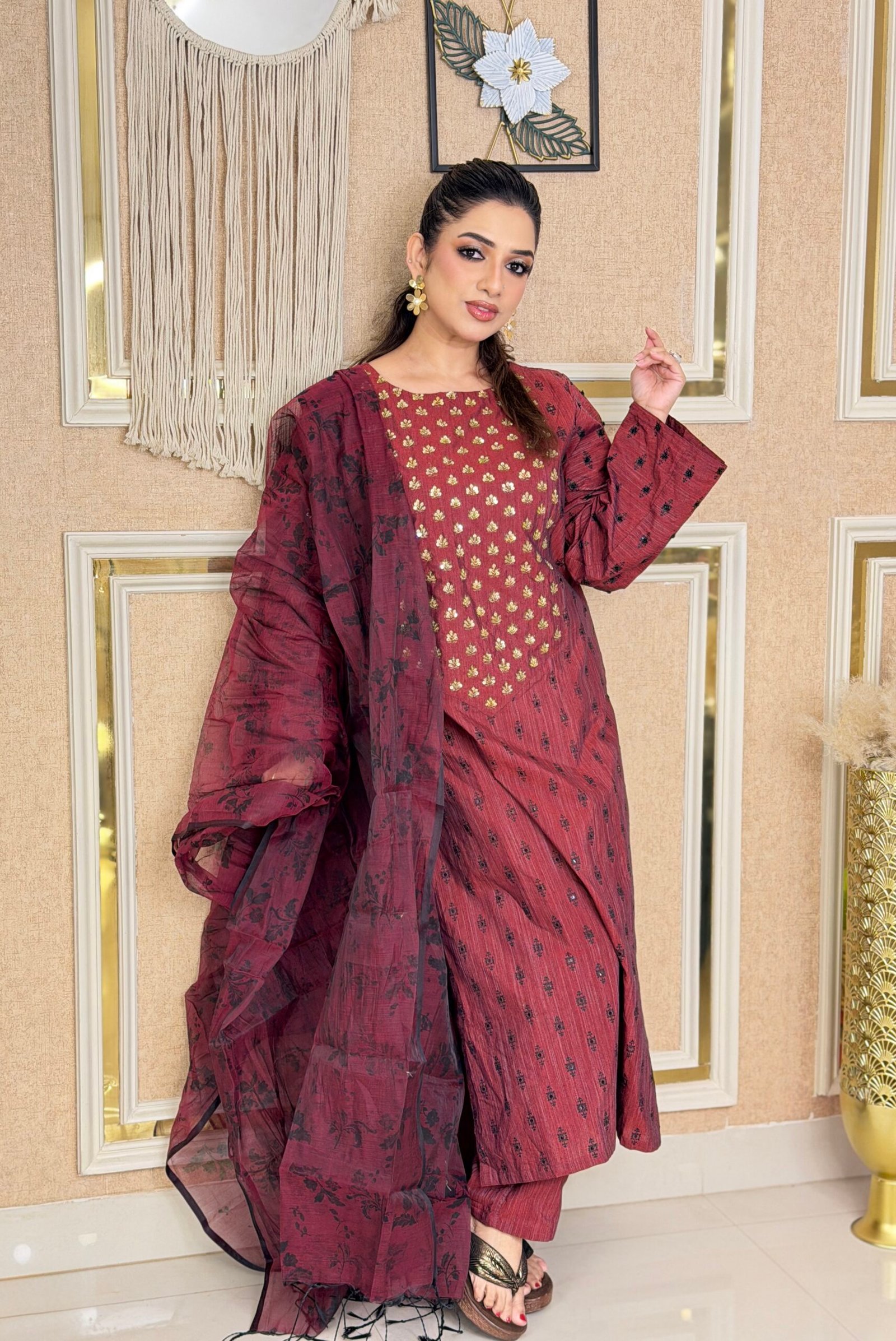 Maroon Handcrafted Half Silk Elegance Shalwar Kameez